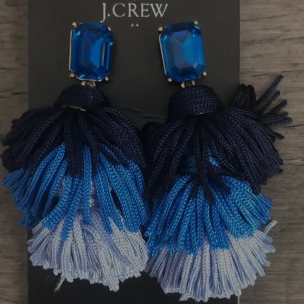 J Crew Blue Ombre Tassel Earrings with Blue Rhinestone